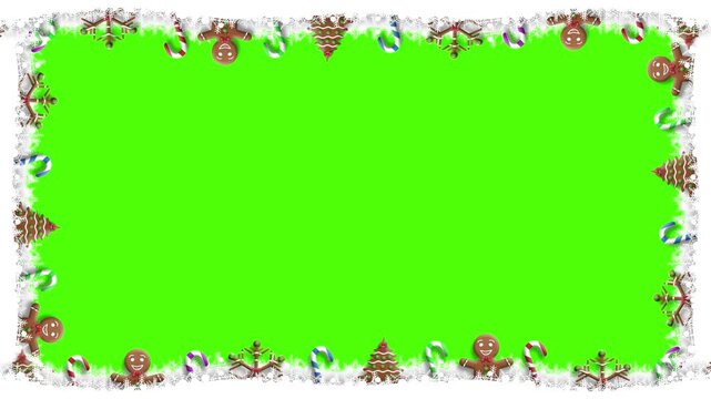 A cheerful border of gingerbread men and candy canes on snow. The solid green backdrop is ideal for compositing holiday greetings.