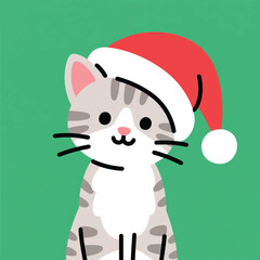 Cartoon vector of gray striped cat wearing red Santa hat on green background. Cute and festive illustration perfect for Christmas designs, holiday cards, seasonal decor, and children’s content.