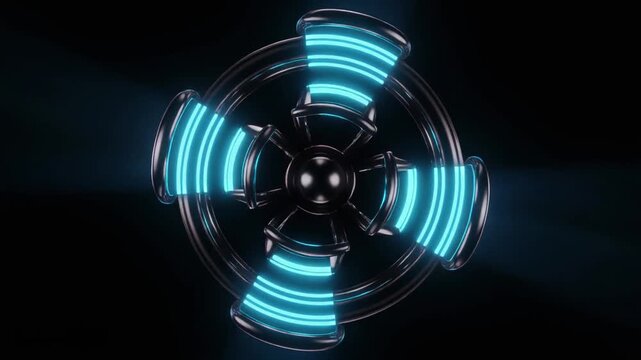 Dynamic Sci-Fi Gyroscope with Glowing Blue Neon Rings