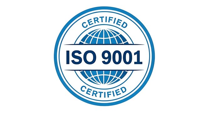 Official iso 9001 certified quality management system stamp emblem with globe illustration