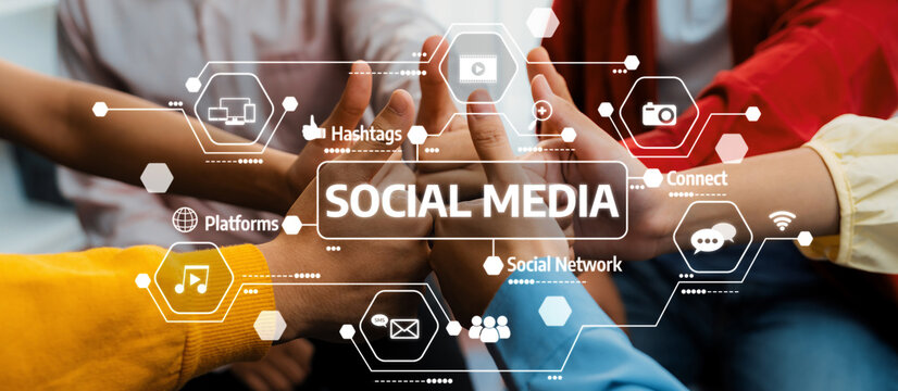 A vibrant display of hands coming together, emphasizing collaboration in the context of social media, highlighted by various digital icons and elements. Amity
