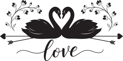 Elegant black swans forming heart shape with love text © Vector Silhoutte