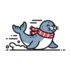 Cute Cartoon Seal in a Red Scarf Running on a White Background with Speed Lines