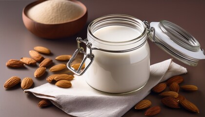 elegant creamy milk alternative in a glass jar with a blank label for brand presentation