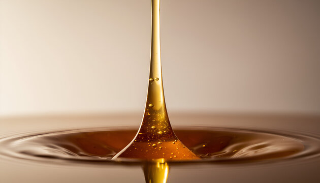 Golden Amber Liquid Droplet Forms Ripples in Reflective Brown Pool Under Studio Lighting Macro Shot