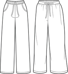 Unisex jogger pants flat sketch, casual trousers CAD drawing, elastic waistband with drawstring, front and back view vector fashion illustration design