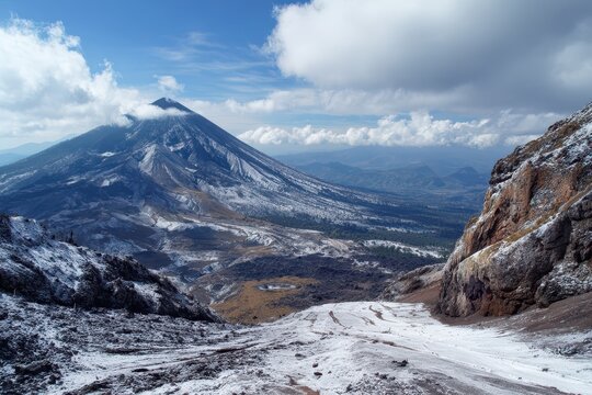 Breathtaking Perspective of Paricutin Volcano in Michoacan, Mexico: A Majestic Crater Landscape Surrounded by Snow-Capped Peaks and Clear Blue Sky