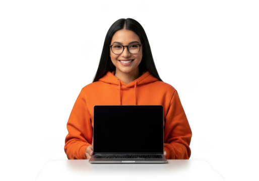 Young woman wearing orange hoodie and glasses smiling while holding a laptop computer isolated on transparent background