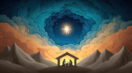 Layered Paper-Cut Nativity Scene with Guiding Star and Silhouettes