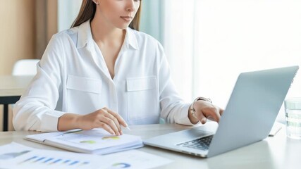 Focused businesswoman working on a laptop in a bright office setting, analyzing data - Powered by Adobe