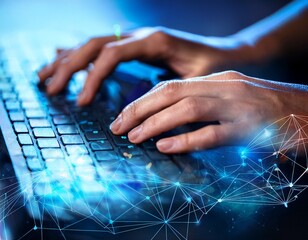 fingers typing on illuminated keyboard with financial network data overlay cybersecurity