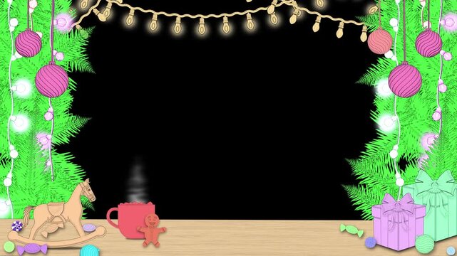 Elegant Christmas border with glowing lights and festive elements. Outline style Christmas frame with presents and a rocking horse