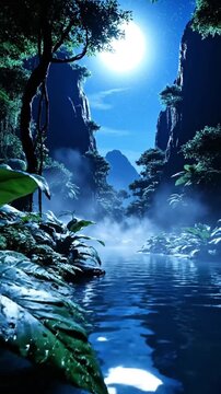 Mysterious Night Scene of Forest Gorge with Full Moon Reflecting on Water, Foggy River and Dark Cliffs