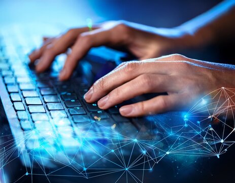 fingers typing on illuminated keyboard with financial network data overlay cybersecurity