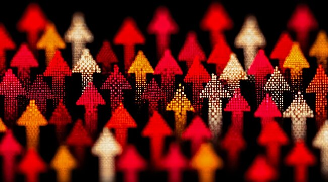 Bunch of red and yellow arrows are shown in a row. Concept of movement and progression - Powered by Adobe