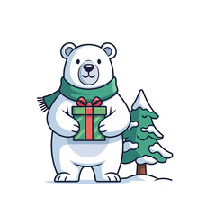 Polar Bear with Gift and Christmas Tree Vector Illustration