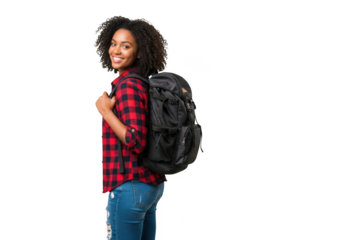 Young african american woman with curly hair wearing a red plaid shirt and blue jeans carrying a black backpack isolated on transparent background