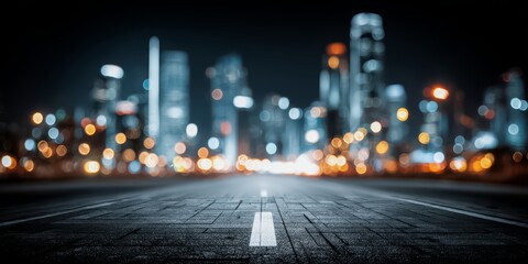 City skyline is lit up at night with the street below. The city is lit up with a lot of lights, creating a bright