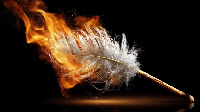 A white feather bursts into vibrant flames against a stark black background