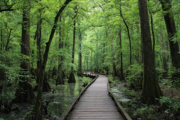 Obraz premium Congaree National Park Boardwalk Through Lush Green Trees in Summer Season