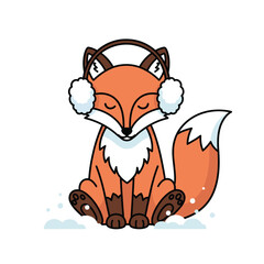 A cute cartoon red fox with fluffy white earmuffs sitting peacefully in the snow, a charming winter animal character illustration