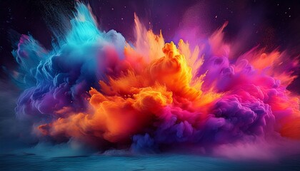 explosive cloud of vibrant orange blue purple and pink powder against a dark backdrop with a textured surface below