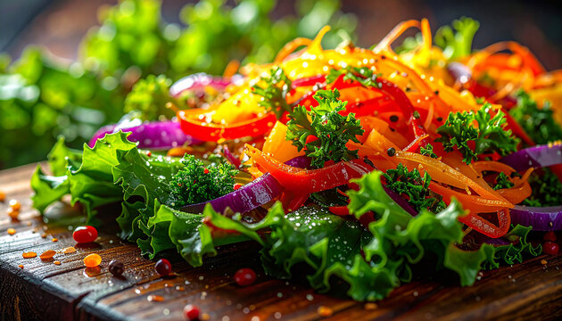 Salad Delight: A vibrant and appetizing close-up of a colorful salad arranged on a wooden board, showcasing fresh, crisp vegetables and herbs.