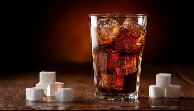 a refreshing glass of cola with ice and sugar cubes beside it - Powered by Adobe