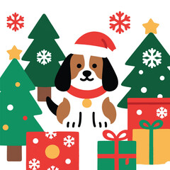 Cartoon vector of dog in Santa hat surrounded by Christmas trees, gifts, and snowflakes. Festive and cheerful design perfect for holiday cards, seasonal decor, children’s content, and winter themes.