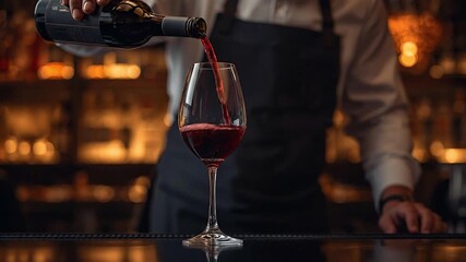 Bartender skillfully pouring rich red wine into an elegant crystal glass on a polished bar counter, with a sophisticated, warm-lit background.