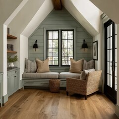 Obraz premium Comfortable reading area with a couch and two chairs, a basket, and a potted plant. The room has a light green wall