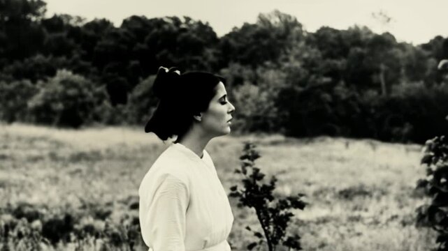 Melancholic woman walking through a foggy field