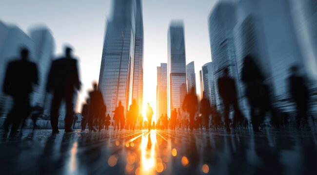 Group of people are walking down a city street with a sunset in the background. The people are wearing suits and ties