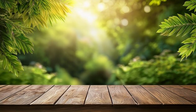 rustic wooden table against the backdrop of a lush green park offering serene tranquility