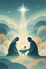 Geometric Nativity Scene with Holy Family Silhouettes and Guiding Star