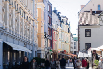 Fototapeta premium Riga Old Town view, Latvia, streets of Vecriga historical center with Town Hall square, House Of The Black Heads, Cathedral and church, travel to Latvia and Baltic States, summer day with a blue sky