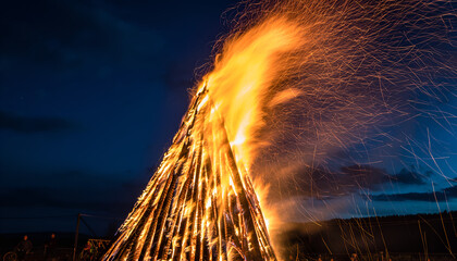 Large bonfire ignites with bright orange flames and glowing embers against a dark blue night sky with scattered sparks rising upwards a celebratory gathering at dusk
