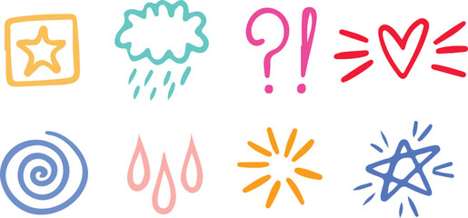 Hand drawn cartoon doodle elements star rain question mark heart spiral yellow square