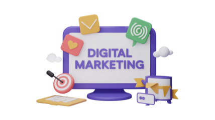 A vibrant 3D render depicting digital marketing concepts, featuring a monitor displaying 'Digital Marketing' surrounded by strategic and engagement icons. background removed