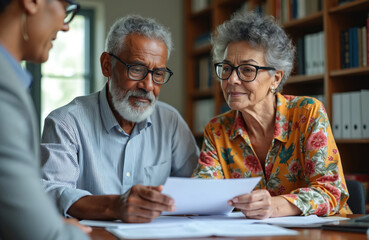 An insurance agent advises a senior couple in office. Elderly people read document during consultation. People discuss details of the contract. Financial advisor offers help to old couple.