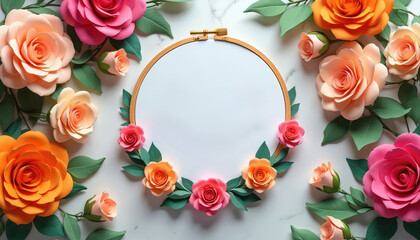 Paper flowers and hoop art concept. Floral arrangement with roses around embroidery frame. DIY craft project idea for home decoration, wedding, birthday or party. Elegant template with place for text.