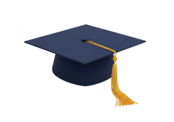 A deep navy blue academic graduation cap with a shimmering golden tassel elegantly hanging down isolated on transparent background