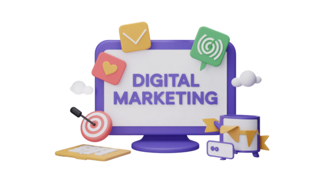 A vibrant 3D render depicting digital marketing concepts, featuring a monitor displaying 'Digital Marketing' surrounded by strategic and engagement icons. background removed - Powered by Adobe