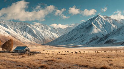 Mountain range with a small cabin in the middle of the field. The cabin is surrounded by a fence