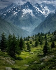 Mountain range with snow-capped peaks and a lush green valley. The mountains are covered in trees. The scene is serene