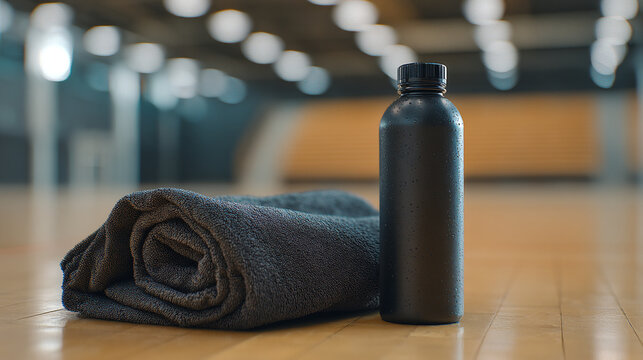 A black water bottle and a rolled towel on a shiny wooden floor in a blurred indoor gym setting
