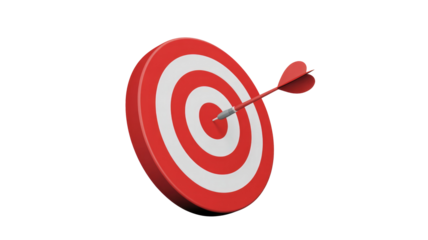 A 3D render of a red and white dartboard with a red dart precisely hitting the bullseye, symbolizing accurate aim and successful goal achievement. background removed