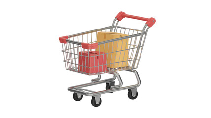 A 3D rendered shopping cart holds a red gift box and a brown cardboard parcel, ready for online order delivery or retail purchase. background removed