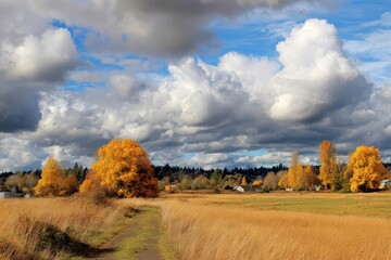 Fototapeta premium Autumn Bliss in Kent Washington: A Scenic Highway Adventure Through Colorful Countryside Clouds and Fields