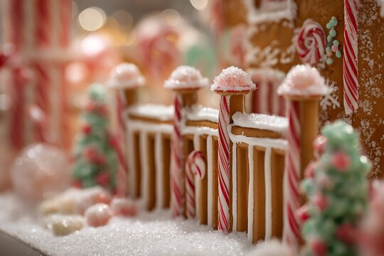 A close-up of a gingerbread house with intricate candy cane fences and gumdrop decorations, dusted with powdered sugar snow 
